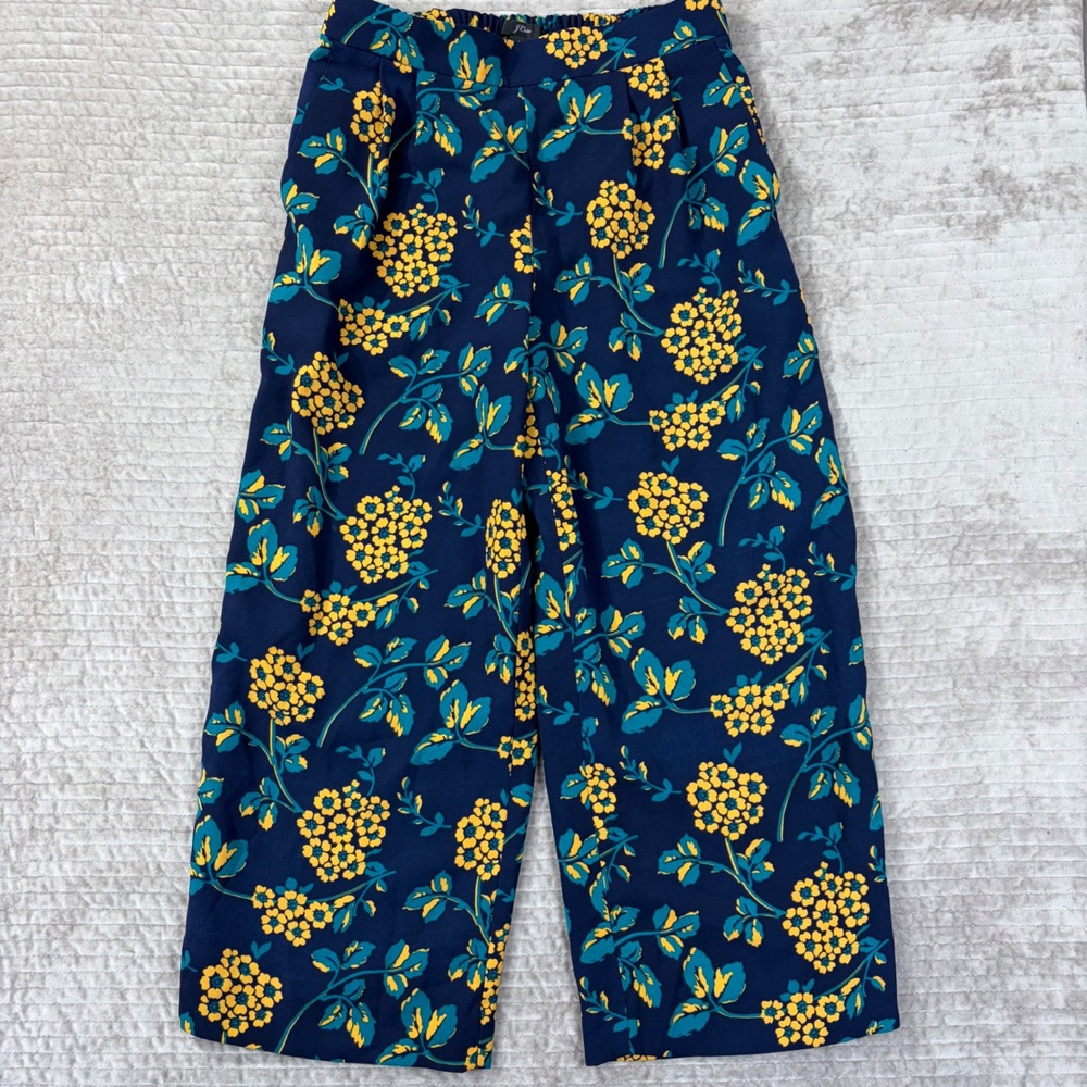 J.Crew Navy Blue Yellow Floral‎ Wide Leg Crop Pants Side Pockets Size 4